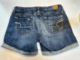 American Eagle Tomgirl Shortie Jean Shorts Blue Distressed Pockets Denim Size 0