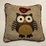 Vintage 14” Square Throw Pillow with Appliquéd Felt Owl and Bird