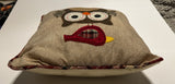 Vintage 14” Square Throw Pillow with Appliquéd Felt Owl and Bird