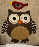 Vintage 14” Square Throw Pillow with Appliquéd Felt Owl and Bird