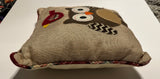 Vintage 14” Square Throw Pillow with Appliquéd Felt Owl and Bird