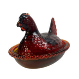 Rose's Closet Red Glass Hen On Nest Covered Candy Dish Vintage Look Chicken Glows New