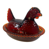 Rose's Closet Red Glass Hen On Nest Covered Candy Dish Vintage Look Chicken Glows New