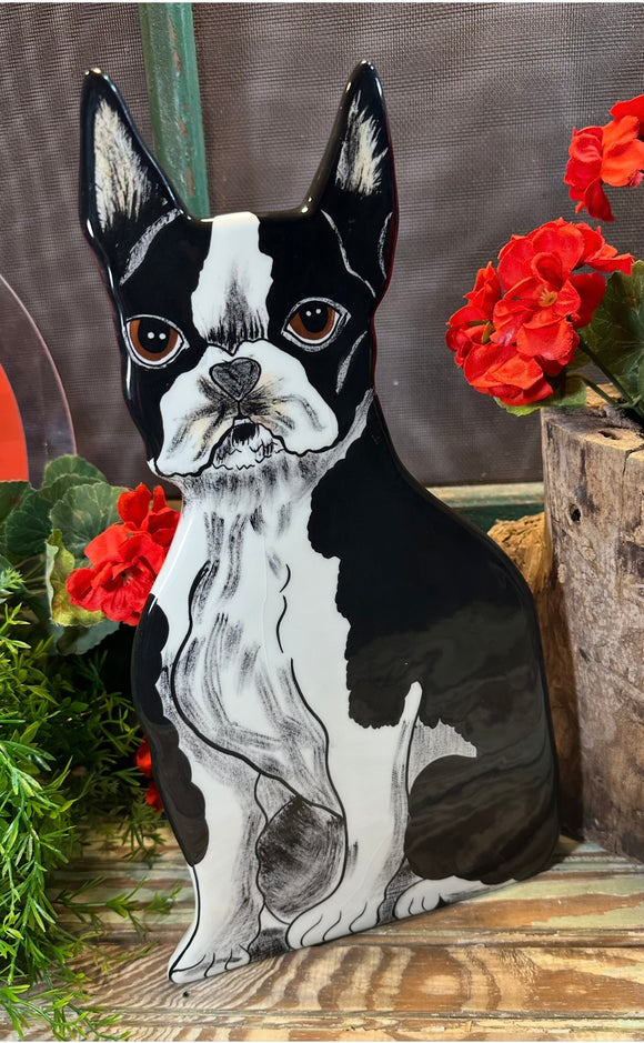 Boston Terrier Dog Ceramic Art Planter Vase Dogs by Nina 13.5”