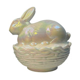 Iridescent Pearl White Carnival Glass Mosser Bunny Covered Dish Decorative Collectible Candy Bowl Basket Design USA New