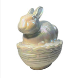 Iridescent Pearl White Carnival Glass Mosser Bunny Covered Dish Decorative Collectible Candy Bowl Basket Design USA New