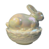 Iridescent Pearl White Carnival Glass Mosser Bunny Covered Dish Decorative Collectible Candy Bowl Basket Design USA New
