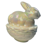 Iridescent Pearl White Carnival Glass Mosser Bunny Covered Dish Decorative Collectible Candy Bowl Basket Design USA New