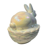 Iridescent Pearl White Carnival Glass Mosser Bunny Covered Dish Decorative Collectible Candy Bowl Basket Design USA New