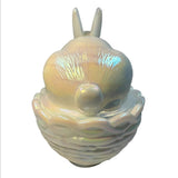 Iridescent Pearl White Carnival Glass Mosser Bunny Covered Dish Decorative Collectible Candy Bowl Basket Design USA New