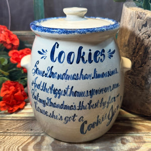 Vintage Marshall Pottery Texas Grandmas Cookies Hand Made Cookie Jar with Blue Script