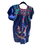 Vintage Mexican Molina Floral Embroidered Dress Navy Boho Hippie Festival Size S
