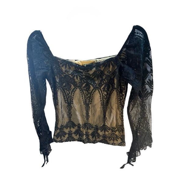 Agaci-too Black Lace Top Long Sleeve Boho Whimsygoth Witchy Retro Sexy Size M Pre-worn
