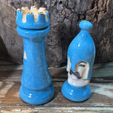 Duncan Mold Chess Pieces 3” Pawn 3 1/4” Rook Vintage Hand Painted Blue Gold