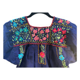 Vintage Mexican Molina Floral Embroidered Dress Navy Boho Hippie Festival Size S