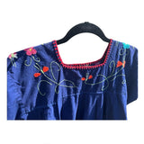 Vintage Mexican Molina Floral Embroidered Dress Navy Boho Hippie Festival Size S