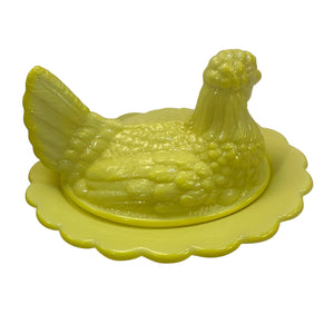 Hen On NestDandelion Glass 7” Mosser New Vintage Farmhouse Style Candy Dish Partially Glows
