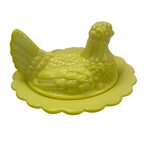 Hen On NestDandelion Glass 7” Mosser New Vintage Farmhouse Style Candy Dish Partially Glows