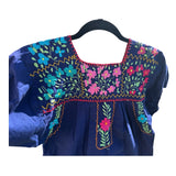 Vintage Mexican Molina Floral Embroidered Dress Navy Boho Hippie Festival Size S