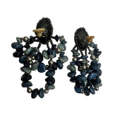 Vintage Handmade Blue Seed Bead Stone Clip On Drop Triple Dangle Earrings Jewelry
