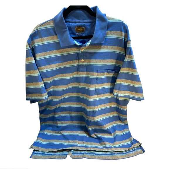 Foundry Polo Men’s Golf Striped Blue Gray Short Sleeve Cotton Shirt Size 2XL