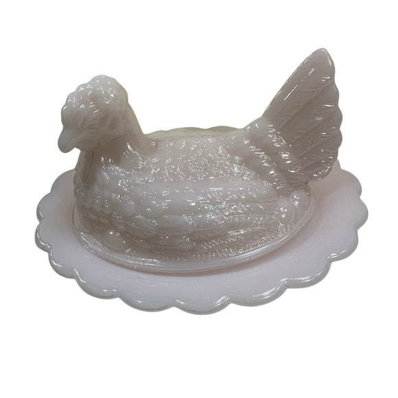Mosser Hen On Nest Art Glass Chicken Crown Tuscan Pink 7” New Farmhouse Style