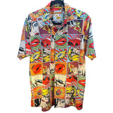 Oh Snap Drill Clothing Mens Size L Colorful Comic Cartoon Art Polyester Preworn Button Front