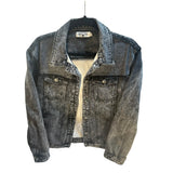 Crazy Train Black Acid Wash Texas Jean Jacket Leopard Print Back Pre-worn Size M