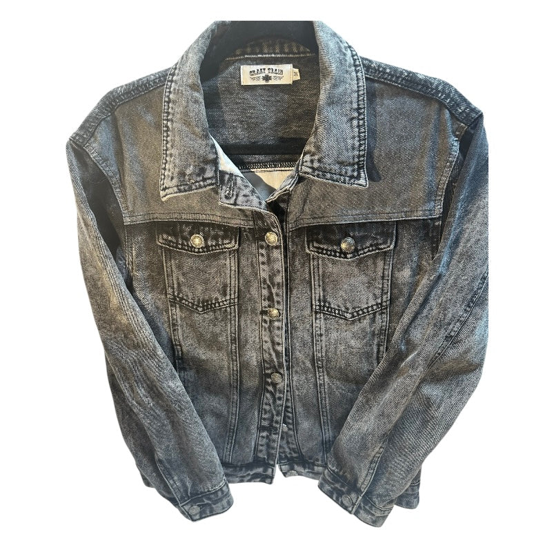 Crazy Train Black Acid Wash Texas Jean Jacket Leopard Print Back