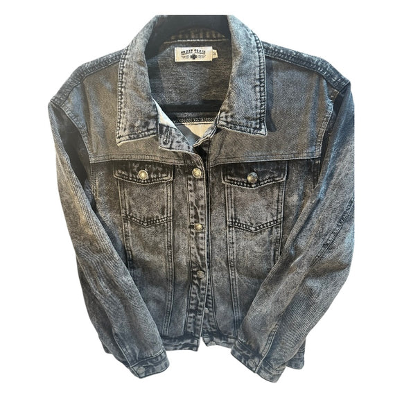 Crazy Train Black Acid Wash Texas Jean Jacket Leopard Print Back Pre-worn Size M