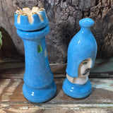 Duncan Mold Chess Pieces 3” Pawn 3 1/4” Rook Vintage Hand Painted Blue Gold