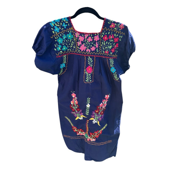 Vintage Mexican Molina Floral Embroidered Dress Navy Boho Hippie Festival Size S