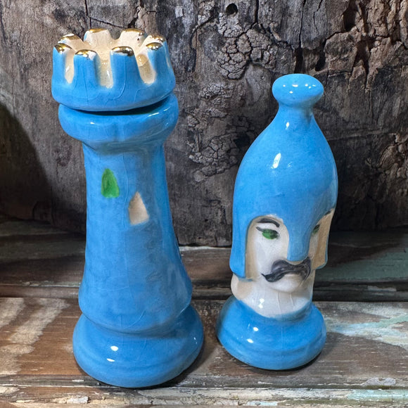 Duncan Mold Chess Pieces 3” Pawn 3 1/4” Rook Vintage Hand Painted Blue Gold