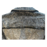 Crazy Train Black Acid Wash Texas Jean Jacket Leopard Print Back Pre-worn Size M