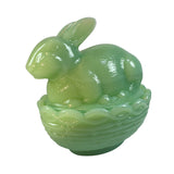 Mosser Bunny On A Basket Art Glass Rabbit Nest Jadeite Green Covered Dish New USA