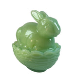Mosser Bunny On A Basket Art Glass Rabbit Nest Jadeite Green Covered Dish New USA