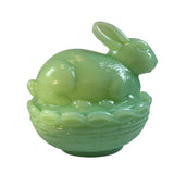 Mosser Bunny On A Basket Art Glass Rabbit Nest Jadeite Green Covered Dish New USA