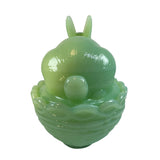 Mosser Bunny On A Basket Art Glass Rabbit Nest Jadeite Green Covered Dish New USA
