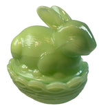 Mosser Bunny On A Basket Art Glass Rabbit Nest Jadeite Green Covered Dish New USA