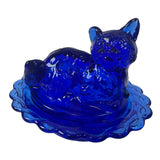 Mosser Mini Cat On Basket Kitten Nest Cobalt Salt Glass USA New