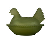 Rose’s Closet Olive Green Satin Glass Hen on Nest 3 1/2” tall 4 3/4” long New