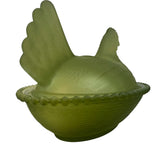 Rose’s Closet Olive Green Satin Glass Hen on Nest 3 1/2” tall 4 3/4” long New