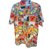 Oh Snap Drill Clothing Mens Size L Colorful Comic Cartoon Art Polyester Preworn Button Front