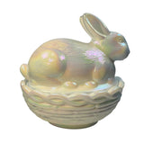 Mosser Bunny On Basket Nest White Carnival Glass Rabbit Covered Dish New USA