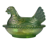 Rose’s Closet Green Carnival Glass Hen on Nest Chicken 3 1/2” tall 4 3/4” long New