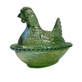 Rose’s Closet Green Carnival Glass Hen on Nest Chicken 3 1/2” tall 4 3/4” long New