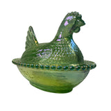 Rose’s Closet Green Carnival Glass Hen on Nest Chicken 3 1/2” tall 4 3/4” long New