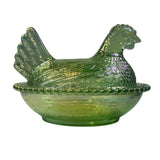 Rose’s Closet Green Carnival Glass Hen on Nest Chicken 3 1/2” tall 4 3/4” long New