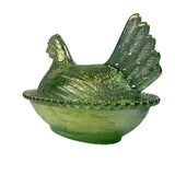 Rose’s Closet Green Carnival Glass Hen on Nest Chicken 3 1/2” tall 4 3/4” long New