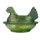 Rose’s Closet Green Carnival Glass Hen on Nest Chicken 3 1/2” tall 4 3/4” long New